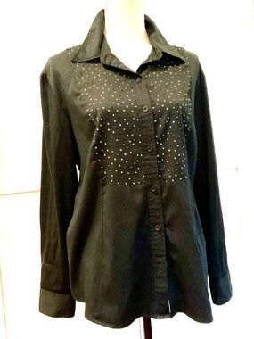 CHICO’S BLACK LONG SLEEVE BLOUSE RHINESTONE BODICE SZ3 14/16 XL VGC NICE